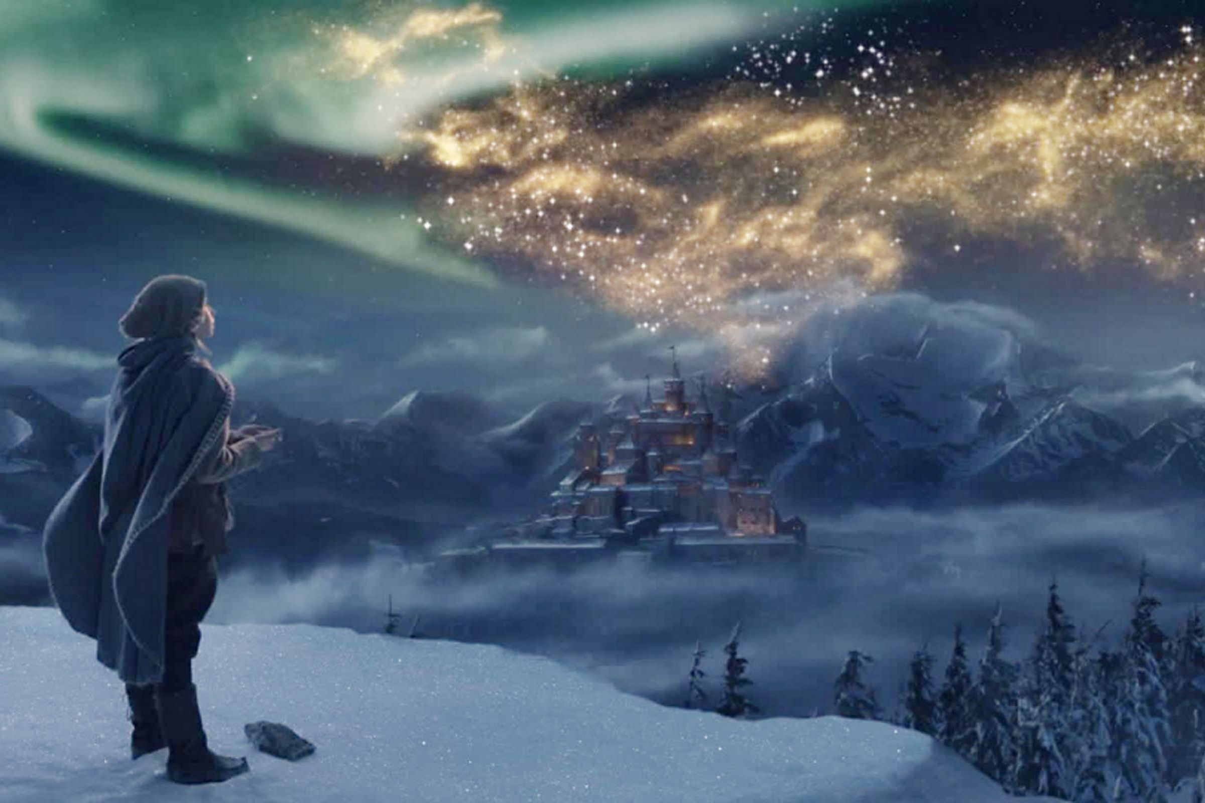 Ein Mädchen steht im Schnee auf einem Berg und blickt auf eine ferne Burg unter einem magisch leuchtenden Sternenhimmel mit Polarlichtern.