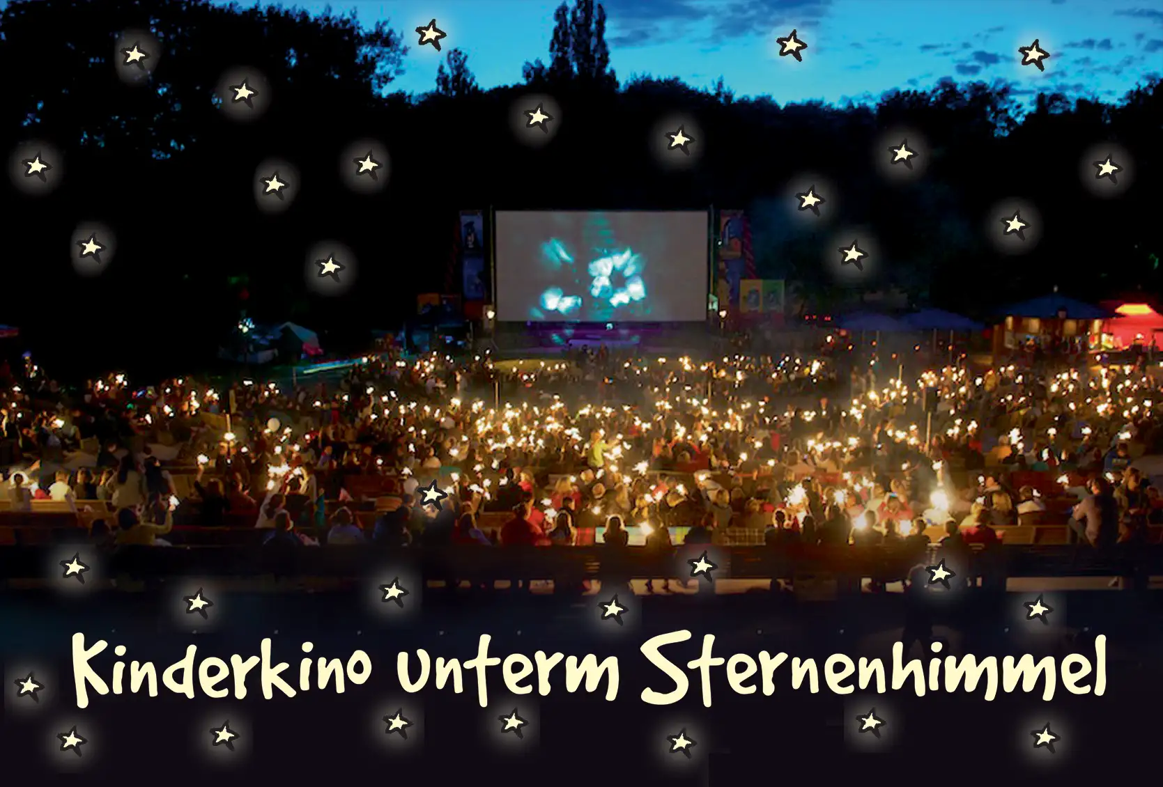 Kinderkino unterm Sternenhimmel: Abendstimmung mit einem Meer von Wunderkerzen im Publikum