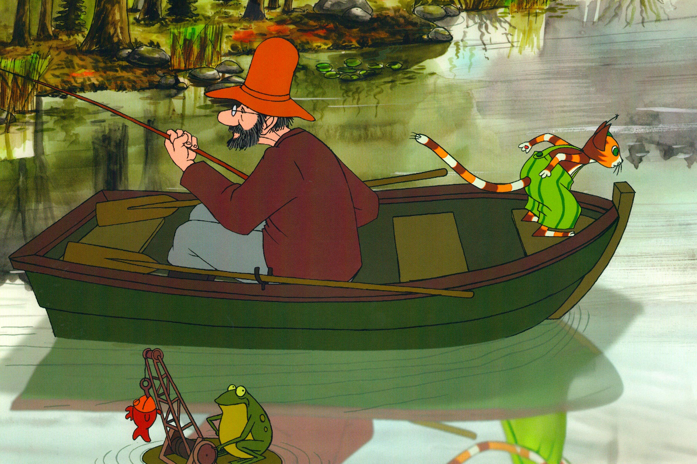 Pettersson und Findus sitzen in einem Kahn auf dem See und angeln